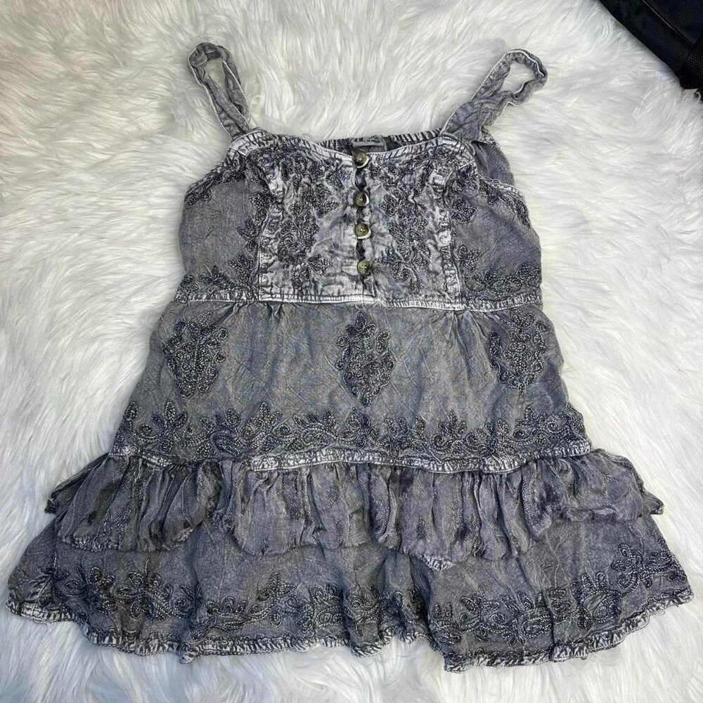 free size denim style grey wash ruffle top